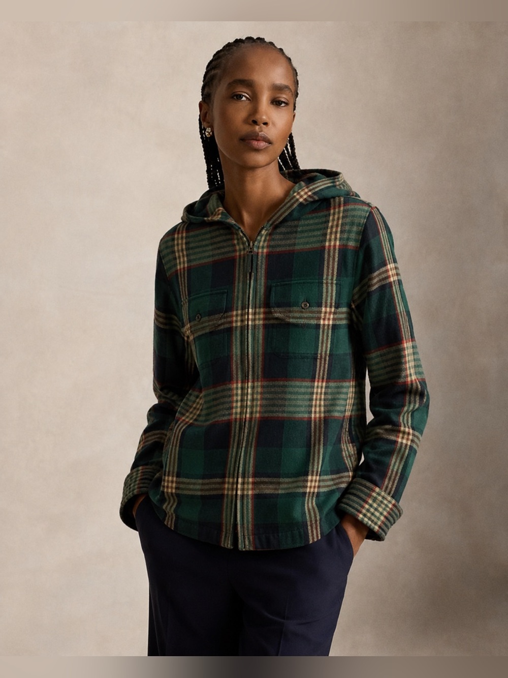 Lauren Ralph Lauren Plaid Flannel Cotton Jacket Hooded Zip Front SMALL PETITE R